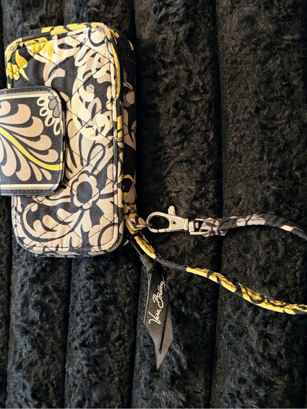 Vera Bradley Black Yellow Cream Quilted Floral Wristlet